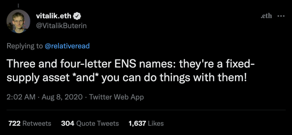 Screenshot of Ethereum founders tweet about ENS three and four letter ENS names